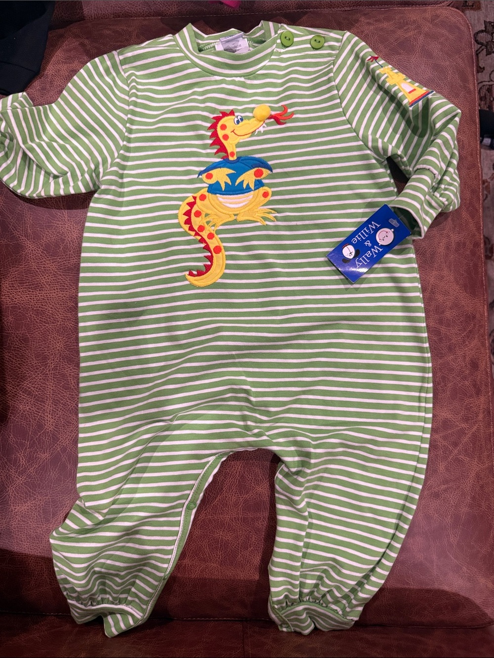 vintage Kids One-Piece Striped Green Bodysuit with Dragon Appliqué